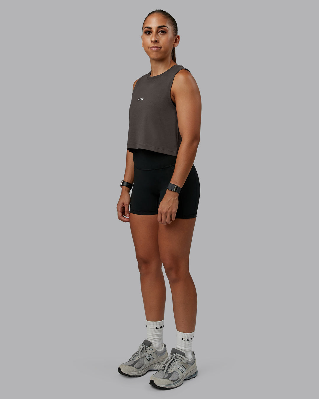 Woman wearing Go-To FLXCotton Tank in Dark Storm-White | Size:S | Model:Tylah - view 5