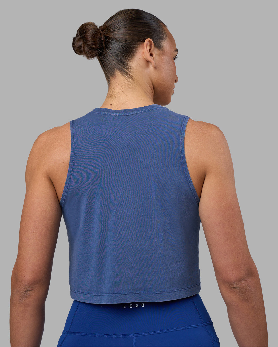Woman wearing Go-To FLXCotton Tank - Midnight Blue Washed-White | Model:Sophie | Size:S - view 3