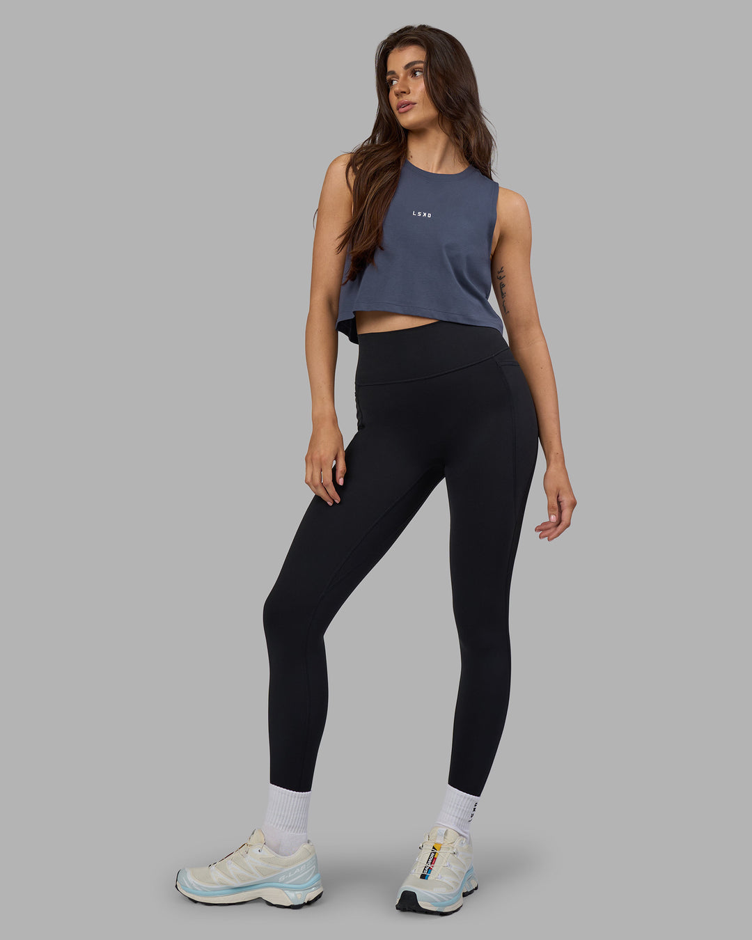 Woman wearing Go-To FLXCotton Tank - Night Shadow-White | Model:Phoebe | Size:S - view 2