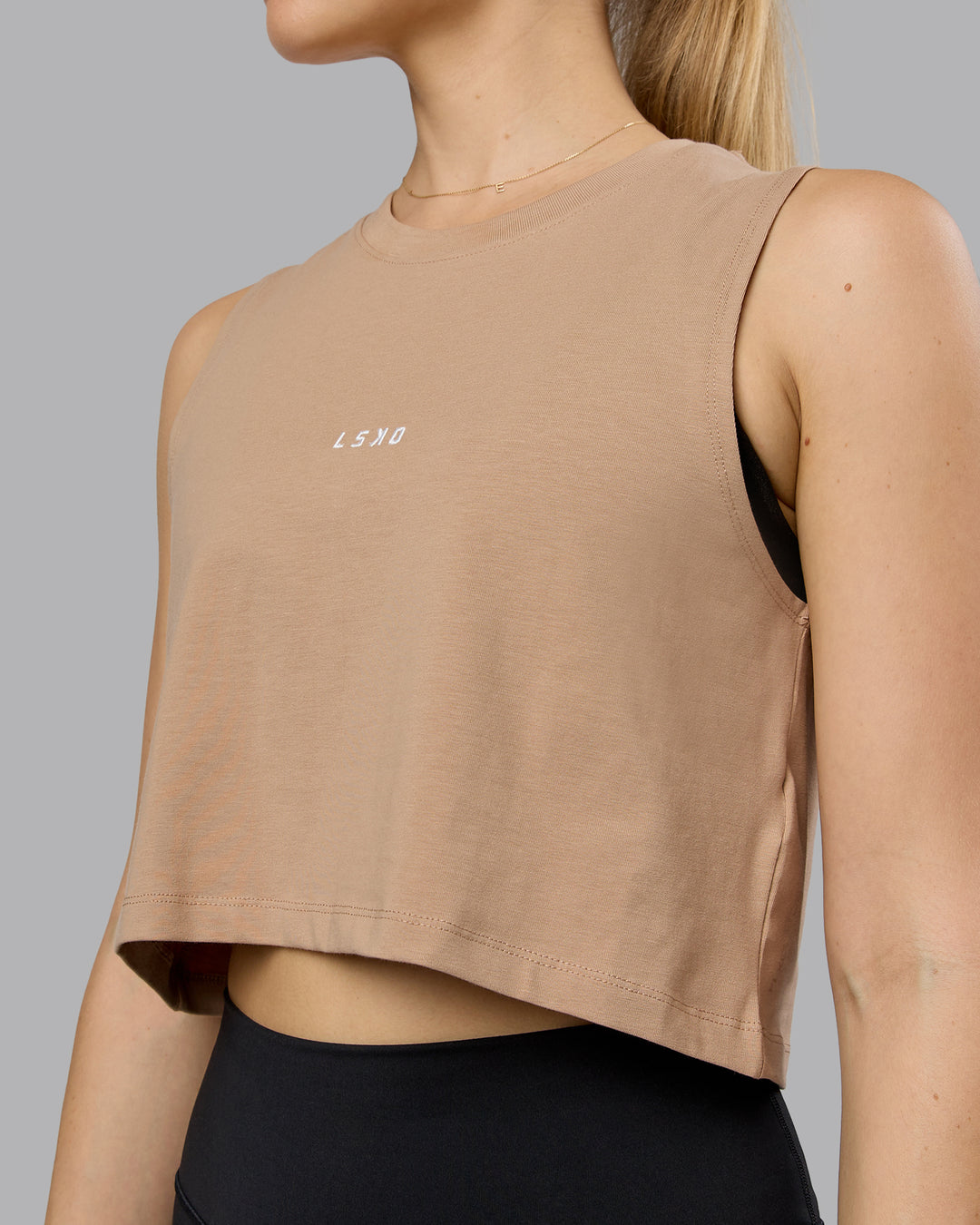 Woman wearing Go-To FLXCotton Tank - Warm Smoke-White | Model:Emilie | Size:S - view 4