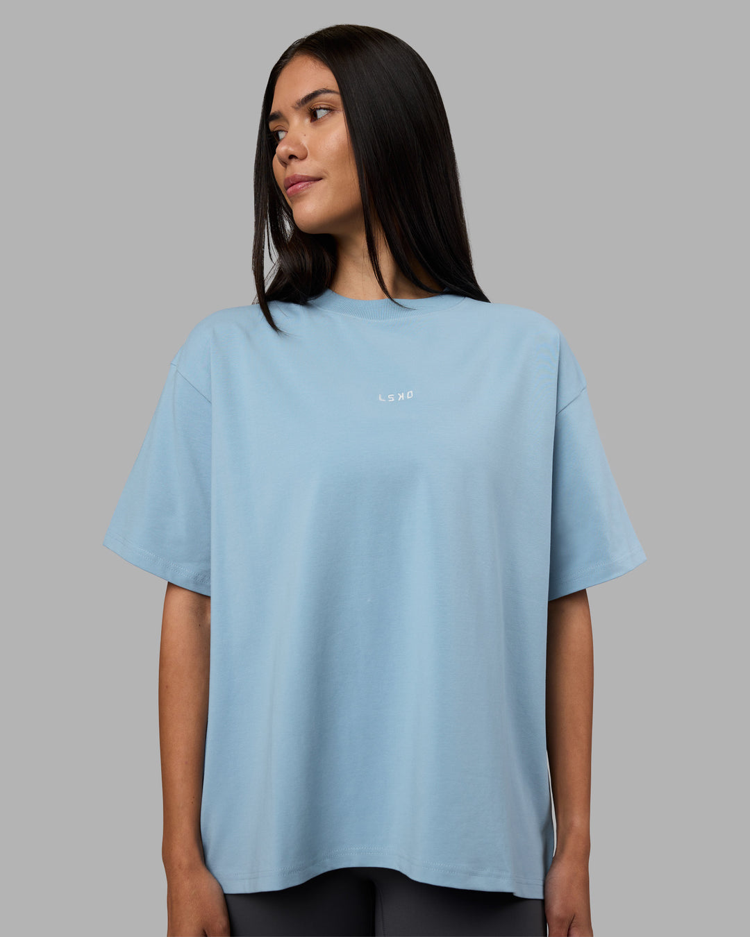 Woman wearing Go-To Heavyweight Oversized Tee - Glacier Lake | Model:Rhiley | Size:S - view 1