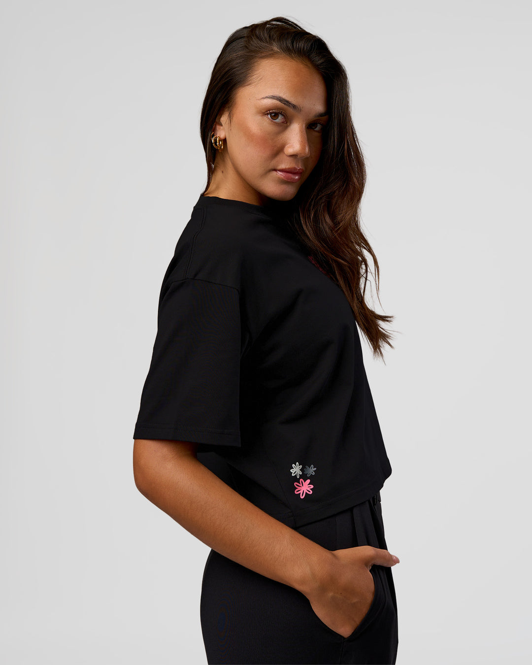 Woman wearing Go-To Heavyweight Reflective Skimmer Tee - Black-Reflective | Model:Kirstyn | Size:S - view 3