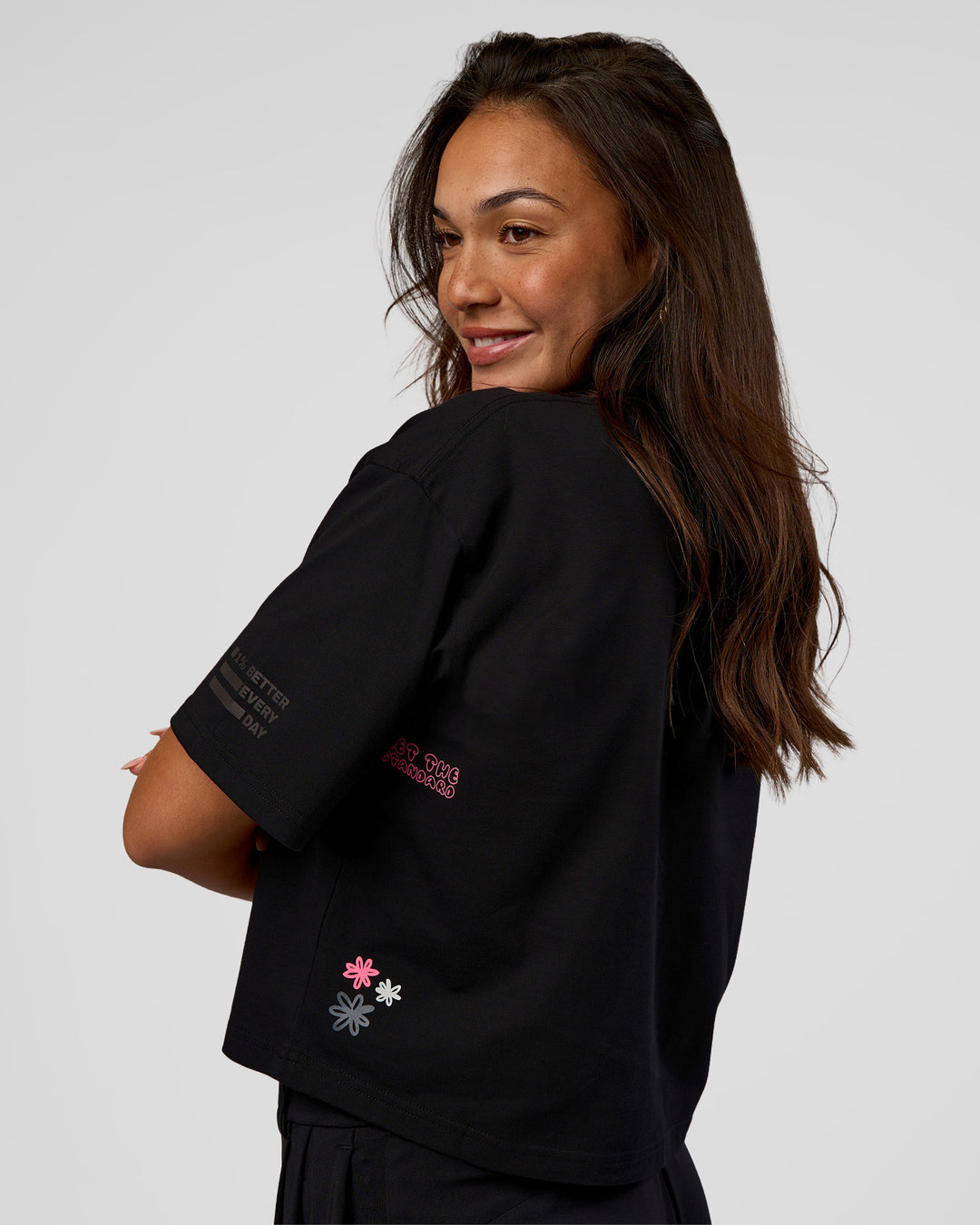 Woman wearing Go-To Heavyweight Reflective Skimmer Tee - Black-Reflective | Model:Kirstyn | Size:S - view 5