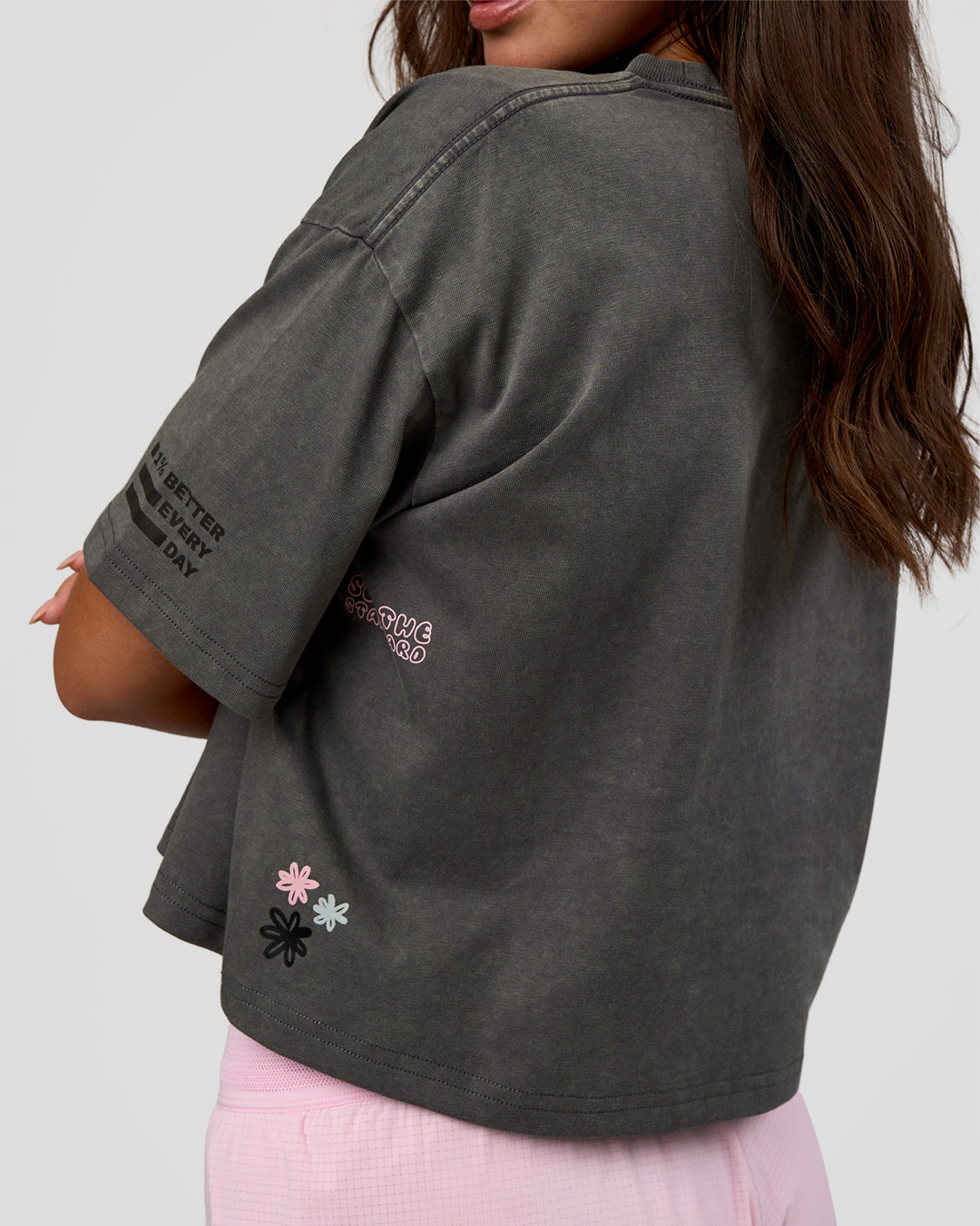 Woman wearing Go-To Heavyweight Reflective Skimmer Tee - Dark Storm Washed-Reflective | Model:Kirstyn | Size:S - view 2