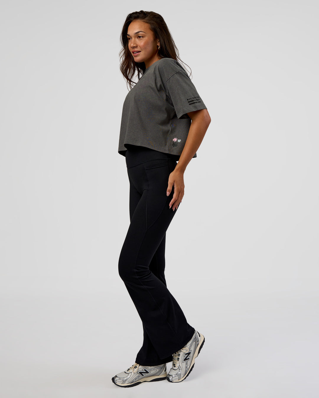 Woman wearing Go-To Heavyweight Reflective Skimmer Tee - Dark Storm Washed-Reflective | Model:Kirstyn | Size:S - view 8