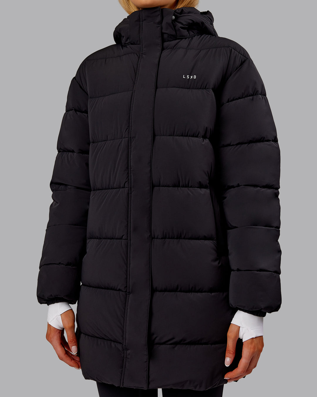 Woman wearing Go-To Puffer Long Jacket - Black | Model:Ella | Size:S - view 12