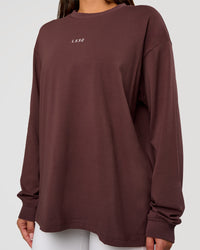 Woman wearing Go-To Long Sleeve FLXCotton Oversized Tee - Cocoa Powder-White | Model:Bianca | Size:S | Thumbnail Index: 5