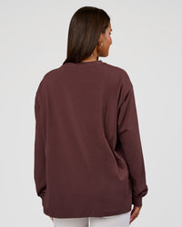 Woman wearing Go-To Long Sleeve FLXCotton Oversized Tee - Cocoa Powder-White | Model:Bianca | Size:S | Thumbnail Index: 2
