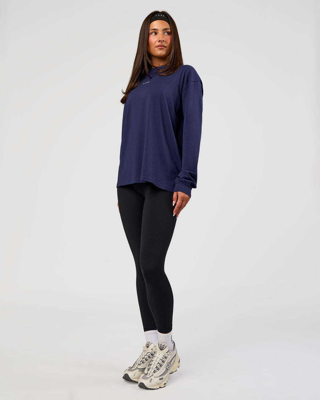Woman wearing Go-To Long Sleeve FLXCotton Oversized Tee - Future Navy-White | Model:Bianca | Size:S - view 6