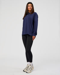 Woman wearing Go-To Long Sleeve FLXCotton Oversized Tee - Future Navy-White | Model:Bianca | Size:S | Thumbnail Index: 5