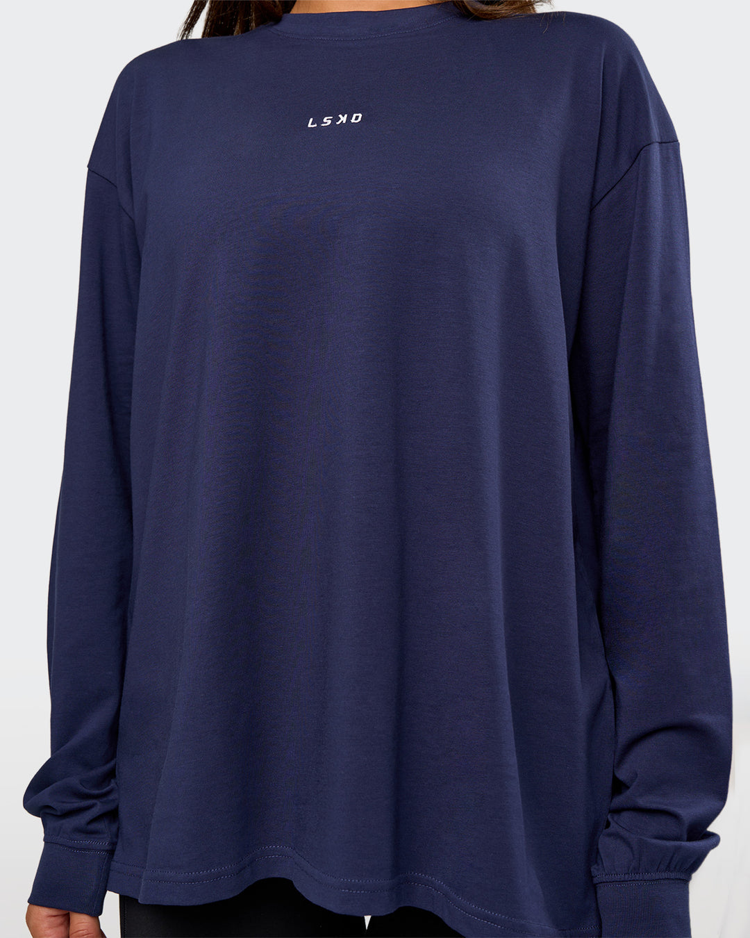 Woman wearing Go-To Long Sleeve FLXCotton Oversized Tee - Future Navy-White | Model:Bianca | Size:S - view 4