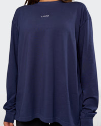 Woman wearing Go-To Long Sleeve FLXCotton Oversized Tee - Future Navy-White | Model:Bianca | Size:S | Thumbnail Index: 3