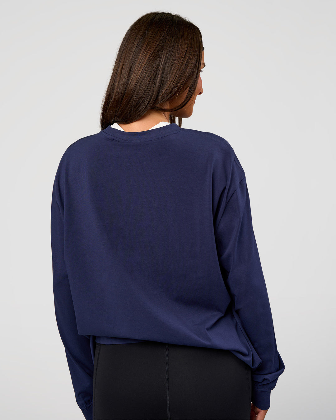 Woman wearing Go-To Long Sleeve FLXCotton Oversized Tee - Future Navy-White | Model:Bianca | Size:S - view 7