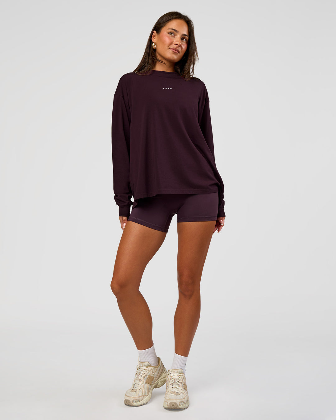 Woman wearing Go-To Long Sleeve FLXCotton Oversized Tee - Midnight Plum-White | Model:Bianca | Size:S - view 2