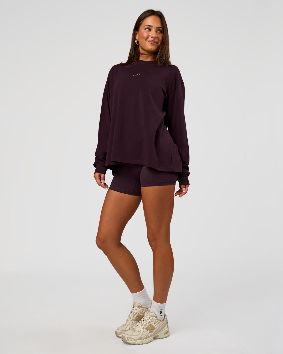 Woman wearing Go-To Long Sleeve FLXCotton Oversized Tee - Midnight Plum-White | Model:Bianca | Size:S - view 5