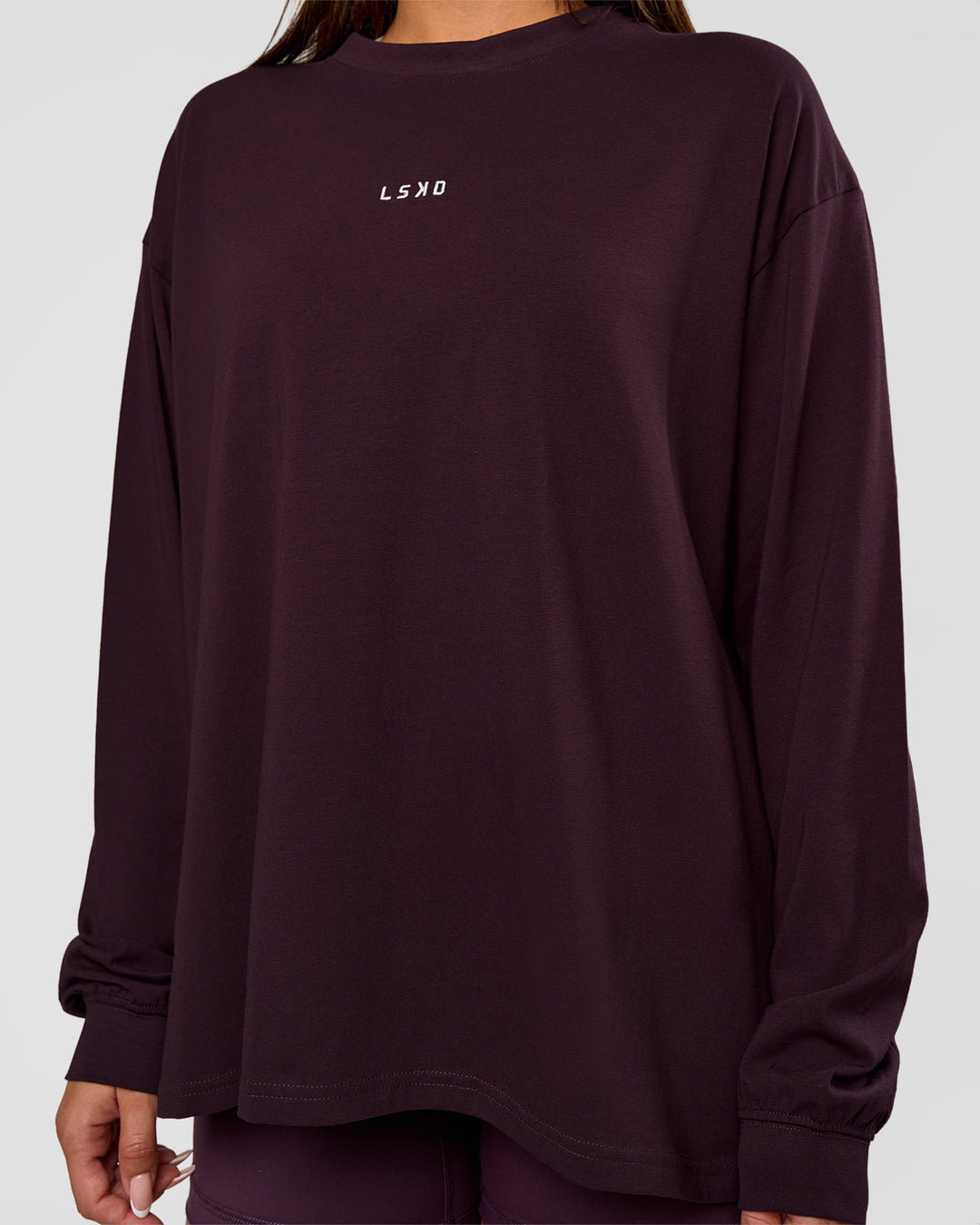 Woman wearing Go-To Long Sleeve FLXCotton Oversized Tee - Midnight Plum-White | Model:Bianca | Size:S - view 4