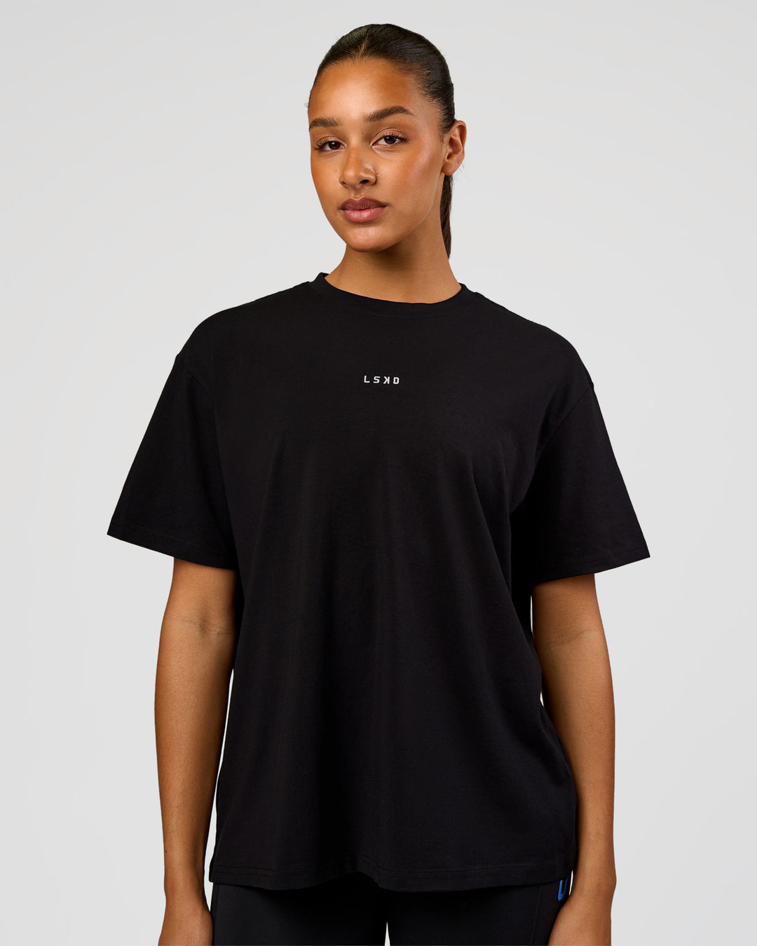 Woman wearing Go-To Love The Process FLXCotton Tee - Black-Palace Blue | Model:Rosie | Size:S - view 2