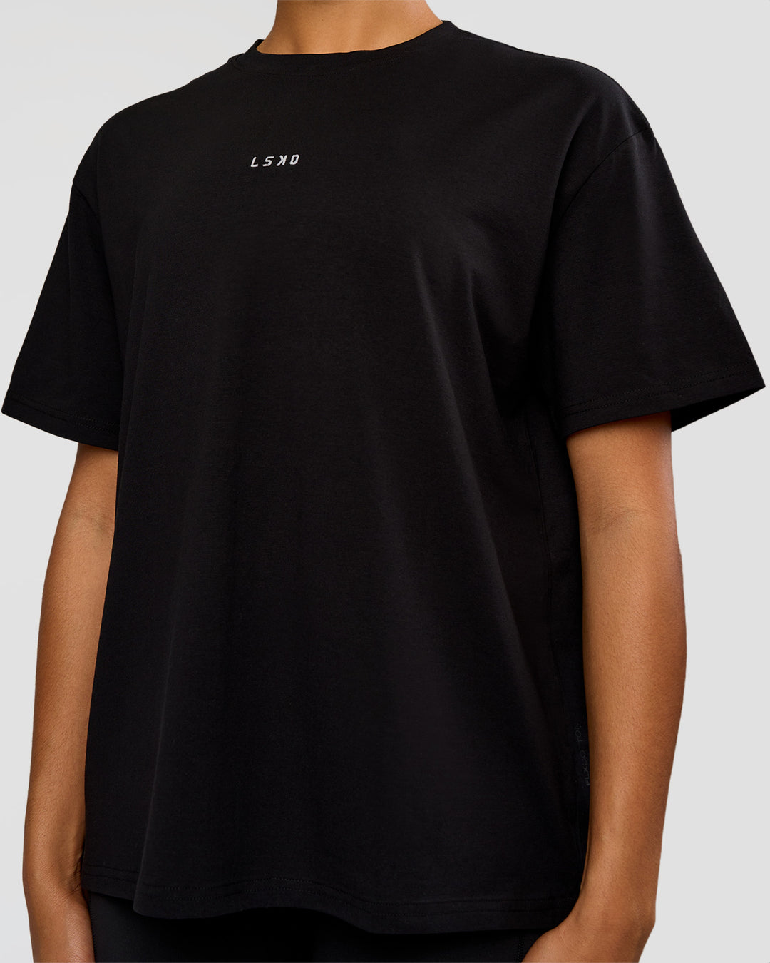 Woman wearing Go-To Love The Process FLXCotton Tee - Black-Palace Blue | Model:Rosie | Size:S - view 4