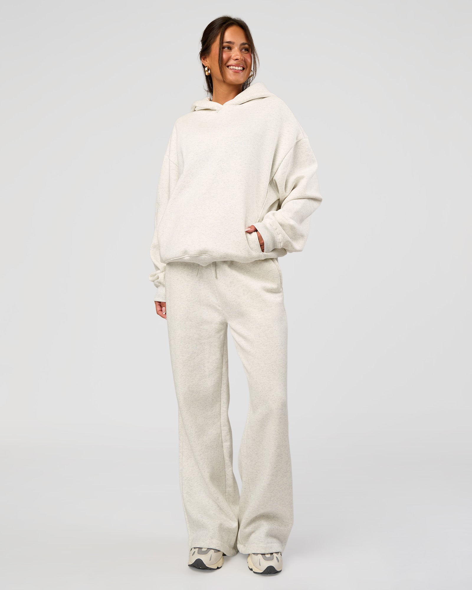 Woman wearing Go-To Oversized Hoodie - Silver Marl | Model:Bianca | Size:S