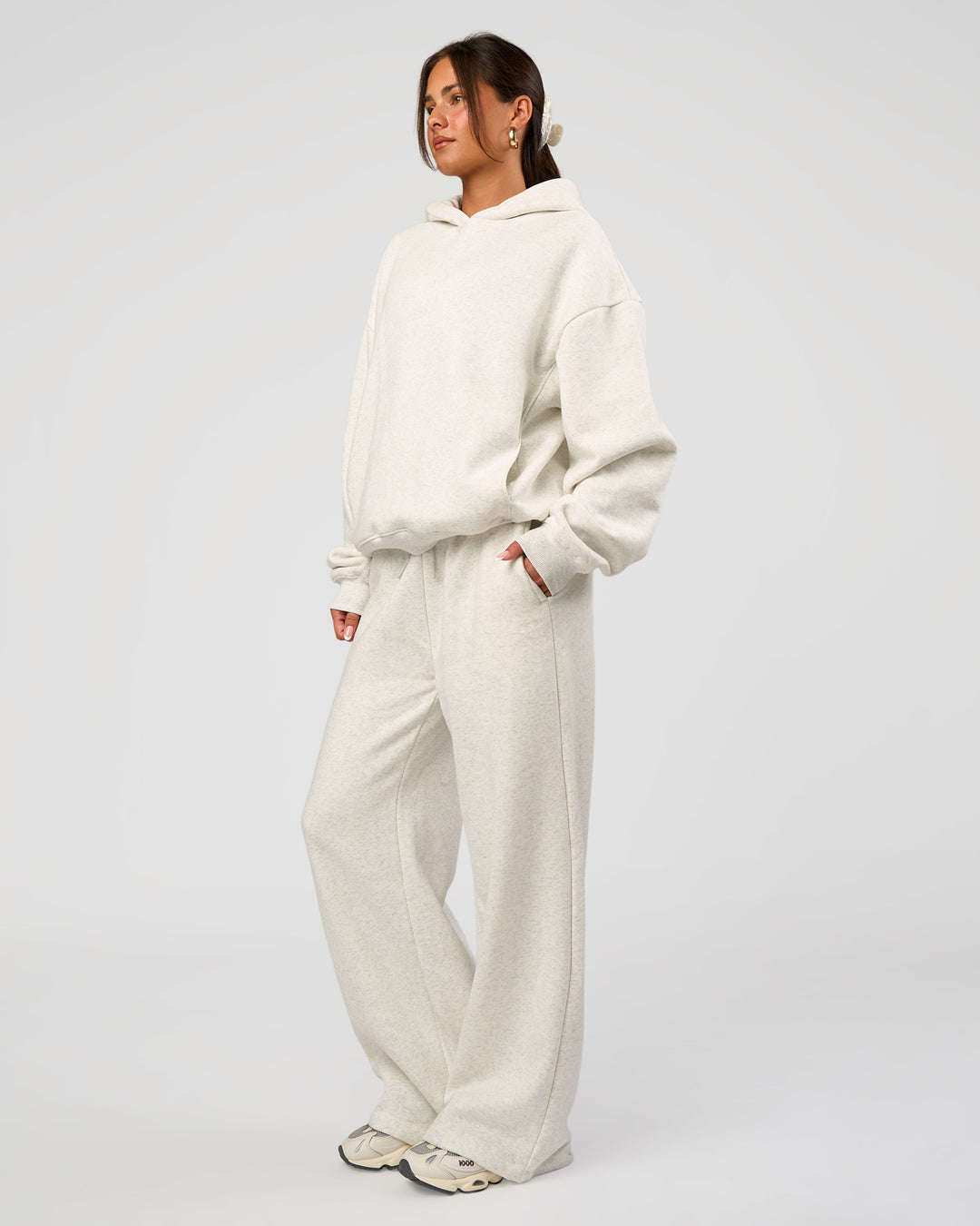 Woman wearing Go-To Oversized Hoodie - Silver Marl | Model:Bianca | Size:S - view 5