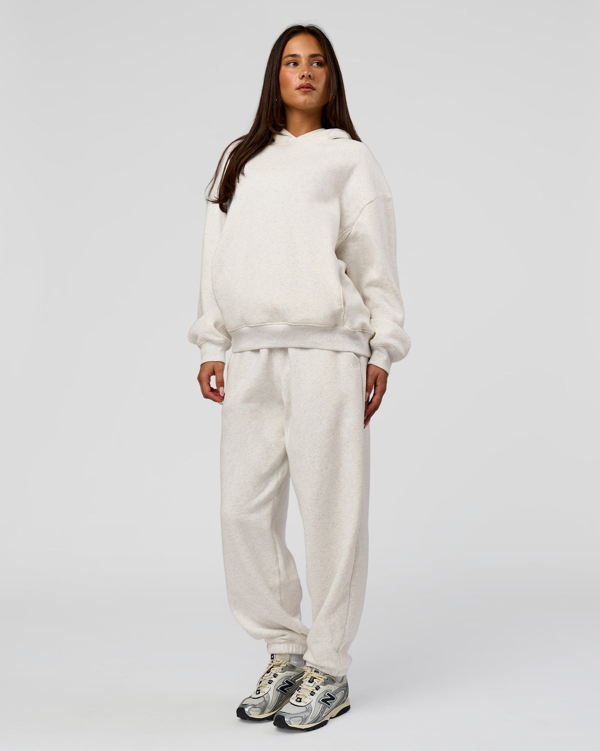 Woman wearing Go-To Oversized Track Pant - Silver Marl | Model:Bianca | Size:S
