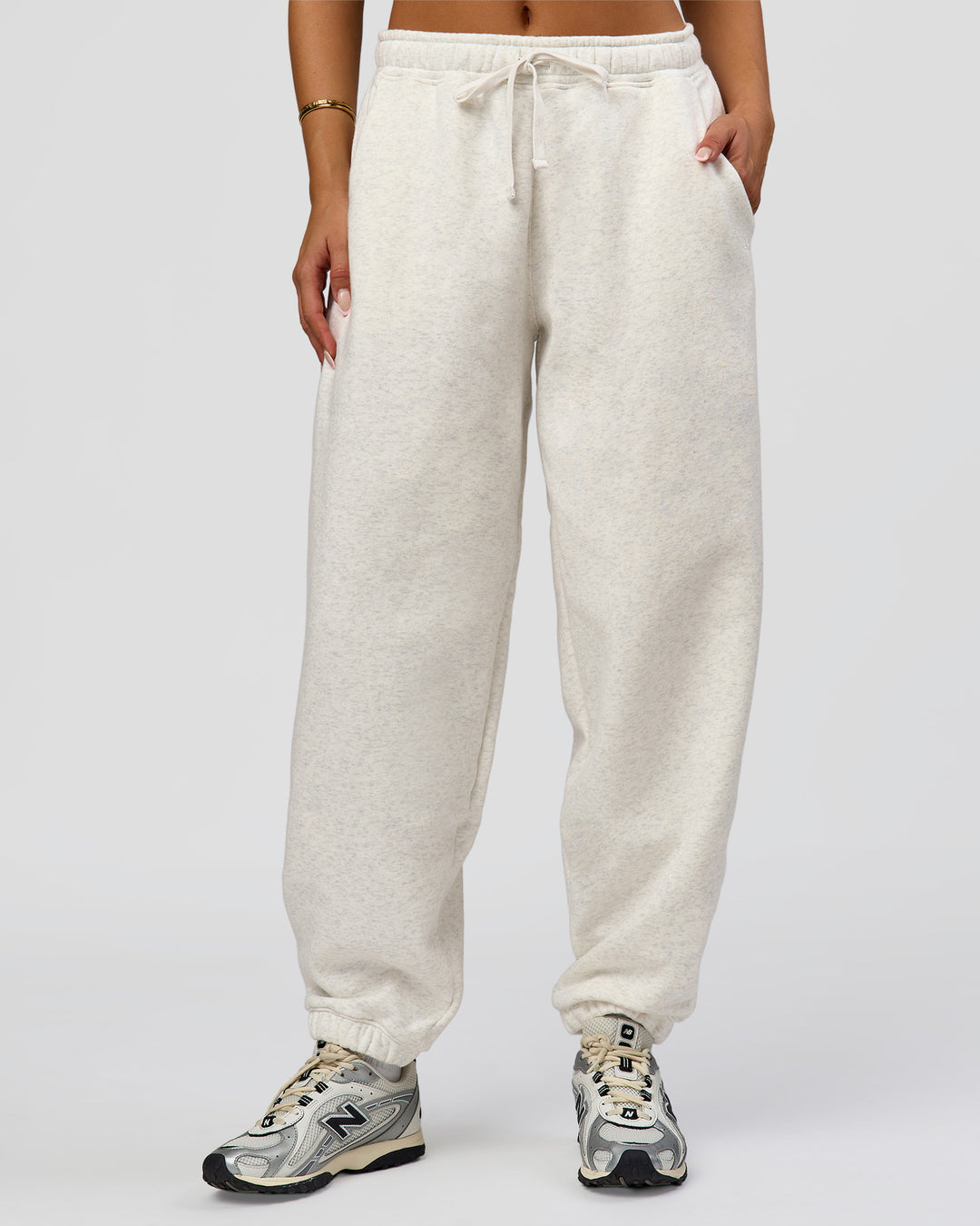 Woman wearing Go-To Oversized Track Pant - Silver Marl | Model:Bianca | Size:S - view 3