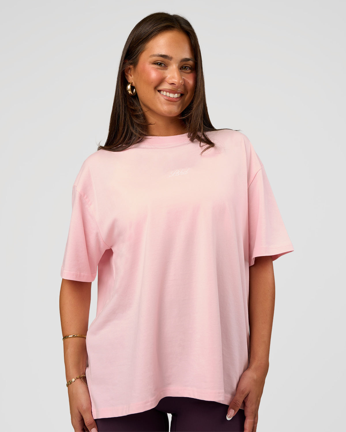 Woman wearing Go-To FLXCotton Oversized Tee - Marshmallow-White | Model:Bianca | Size:S