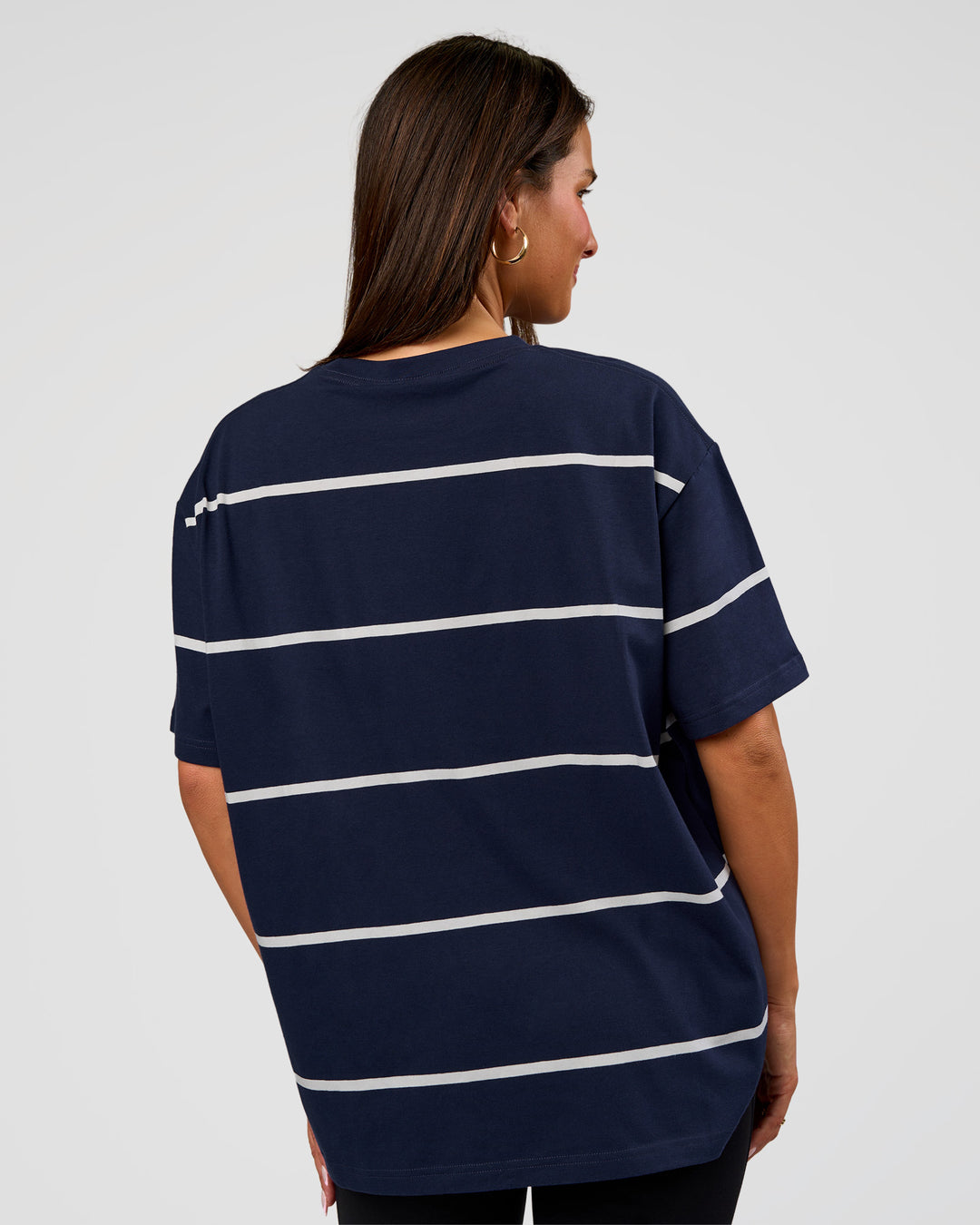 Woman wearing Go-To Stripe FLXCotton Oversized Tee - Future Navy-White | Model:Bianca | Size:S - view 4
