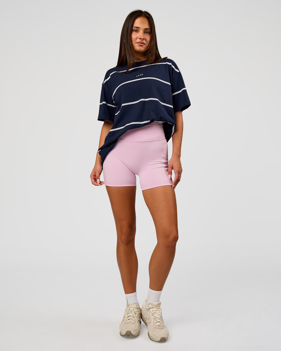 Woman wearing Go-To Stripe FLXCotton Oversized Tee - Future Navy-White | Model:Bianca | Size:S - view 2