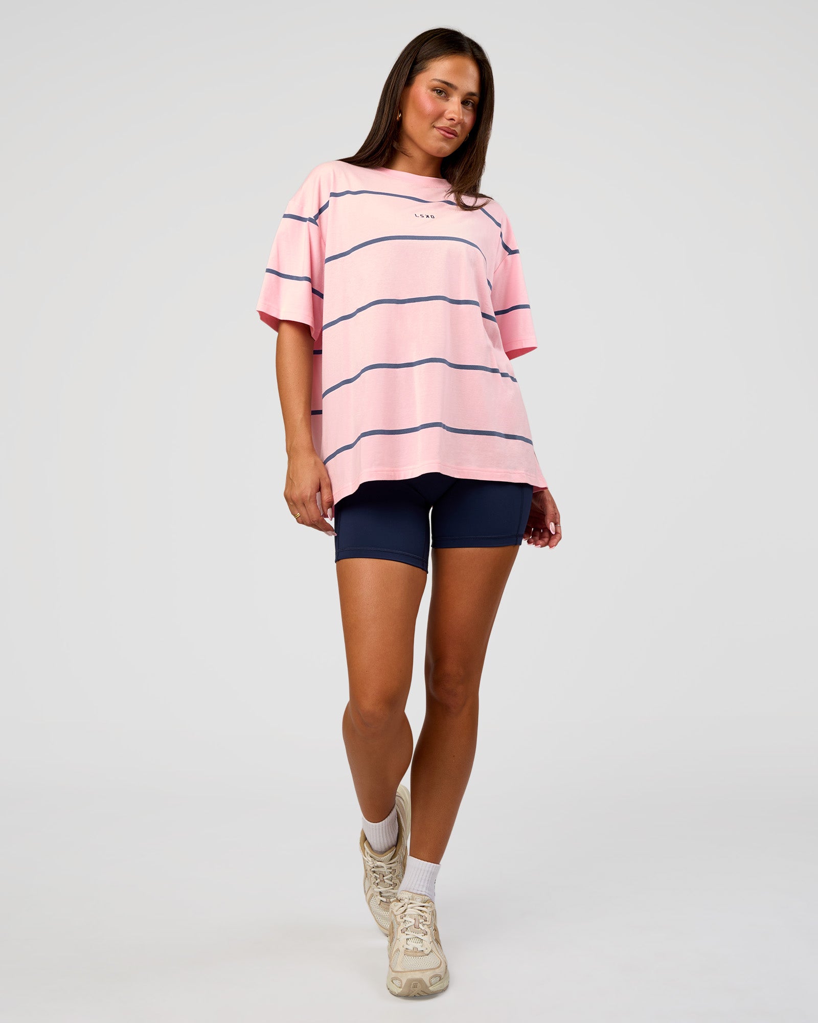 Woman wearing Go-To Stripe FLXCotton Oversized Tee - Marshmallow-Nightshadow | Model:Bianca | Size:S
