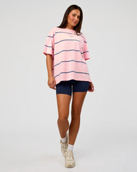 Woman wearing Go-To Stripe FLXCotton Oversized Tee - Marshmallow-Nightshadow | Model:Bianca | Size:S | Thumbnail Index: 1