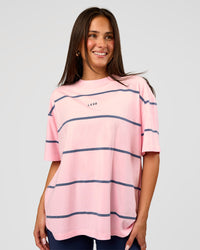 Woman wearing Go-To Stripe FLXCotton Oversized Tee - Marshmallow-Nightshadow | Model:Bianca | Size:S | Thumbnail Index: 0