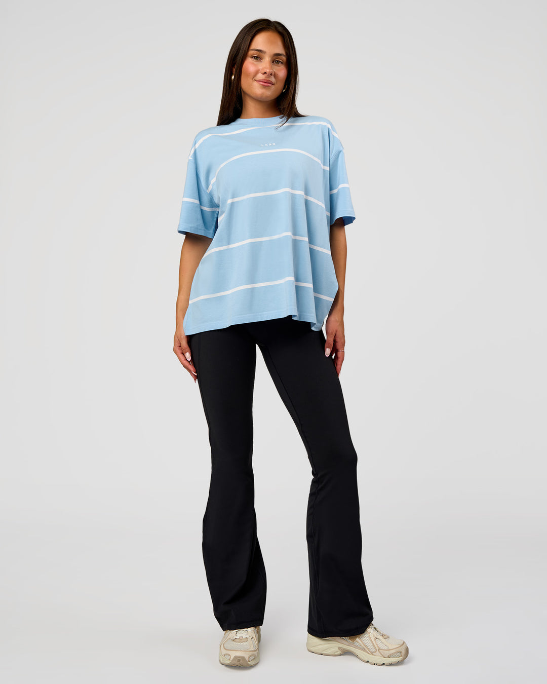 Woman wearing Go-To Stripe FLXCotton Oversized Tee - Open Air-White | Model:Bianca | Size:S - view 7