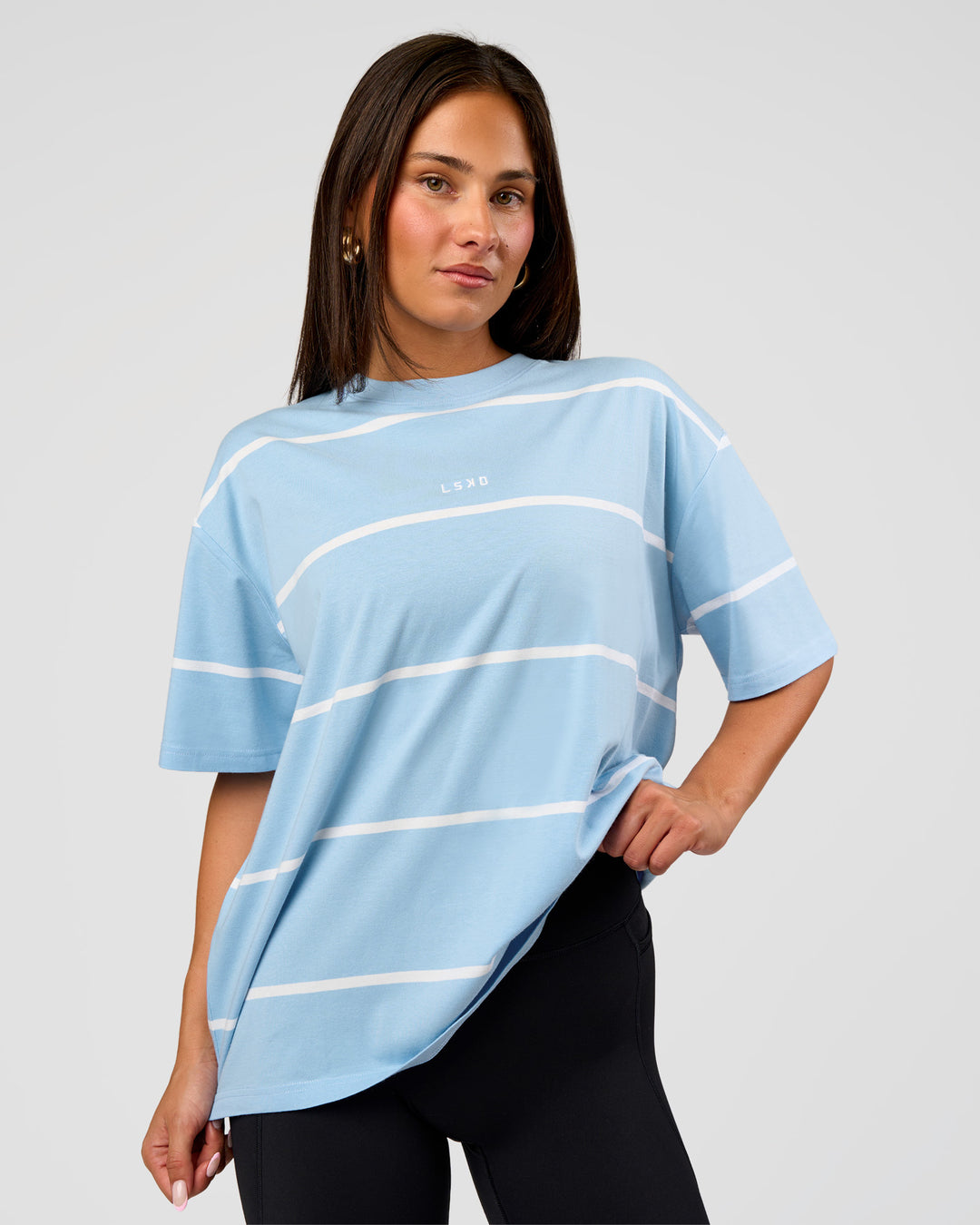 Woman wearing Go-To Stripe FLXCotton Oversized Tee - Open Air-White | Model:Bianca | Size:S - view 1