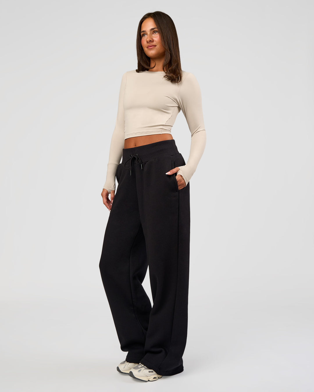 Woman wearing Go-To Wide Leg Track Pant - Black | Model:Bianca | Size:S - view 10