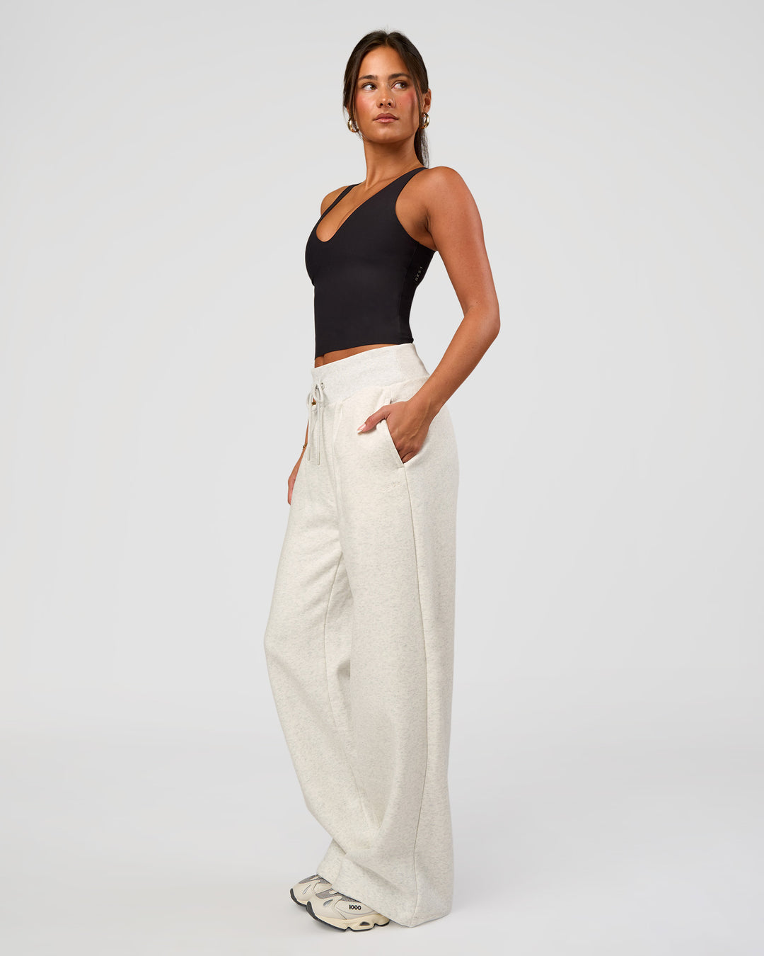 Woman wearing Go-To Wide Leg Track Pant - Silver Marl | Model:Bianca | Size:S - view 10
