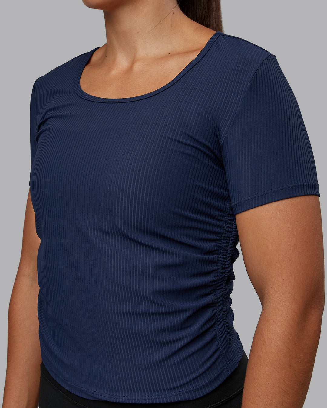 Woman wearing Ignite Ribbed Scrunch Side Cropped Tee - Future Navy | Size:S | Model:Tylah - view 5