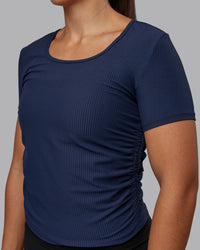 Woman wearing Ignite Ribbed Scrunch Side Cropped Tee - Future Navy | Size:S | Model:Tylah | Thumbnail Index: 4