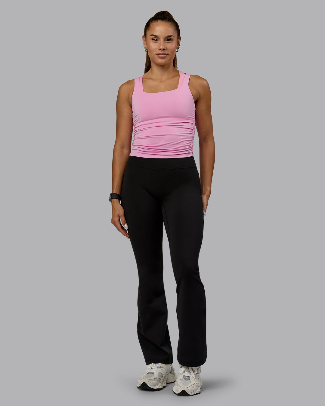Woman wearing Ignite Scrunch Side Tank - Bubblegum - view 5