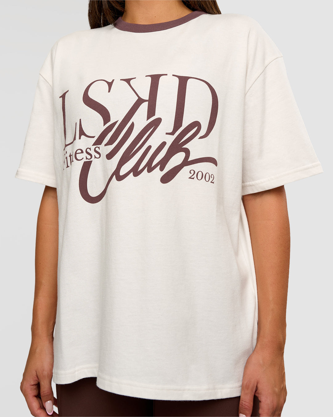 Woman wearing LSKD Fitness Club Heavyweight Oversized Tee - Off White-Cocoa Powder | Model:Bianca | Size:S - view 7