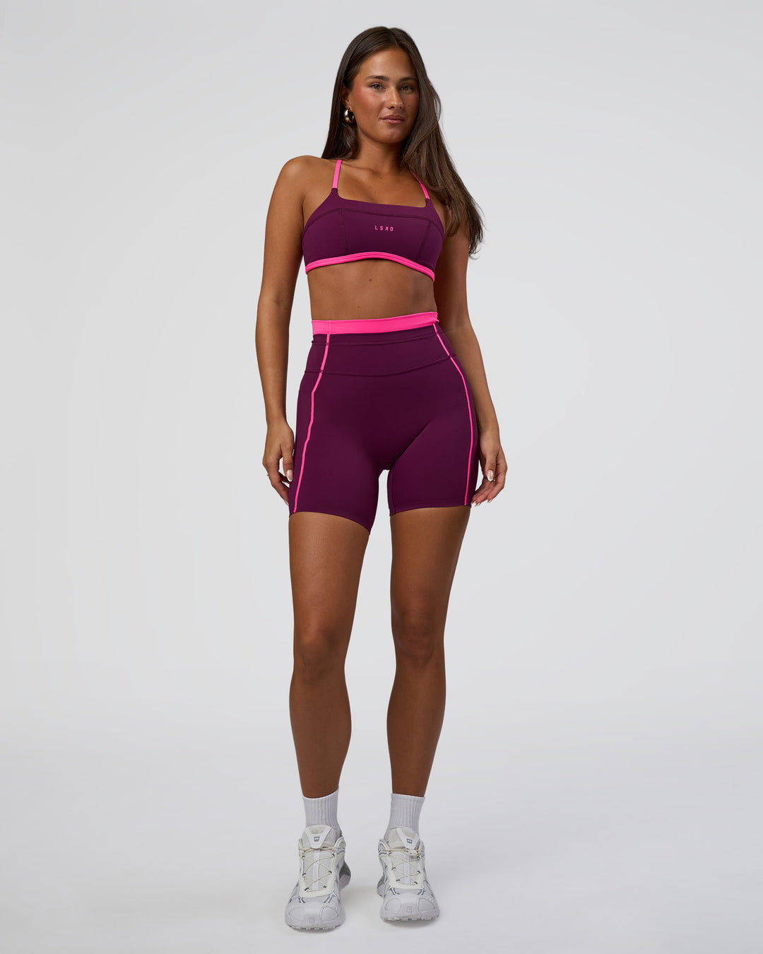 Woman wearing Liberate Contrast High-Rise 6" Short Pockets - Plum Caspia-Ultra Pink | Model:Bianca | Size:S - view 5