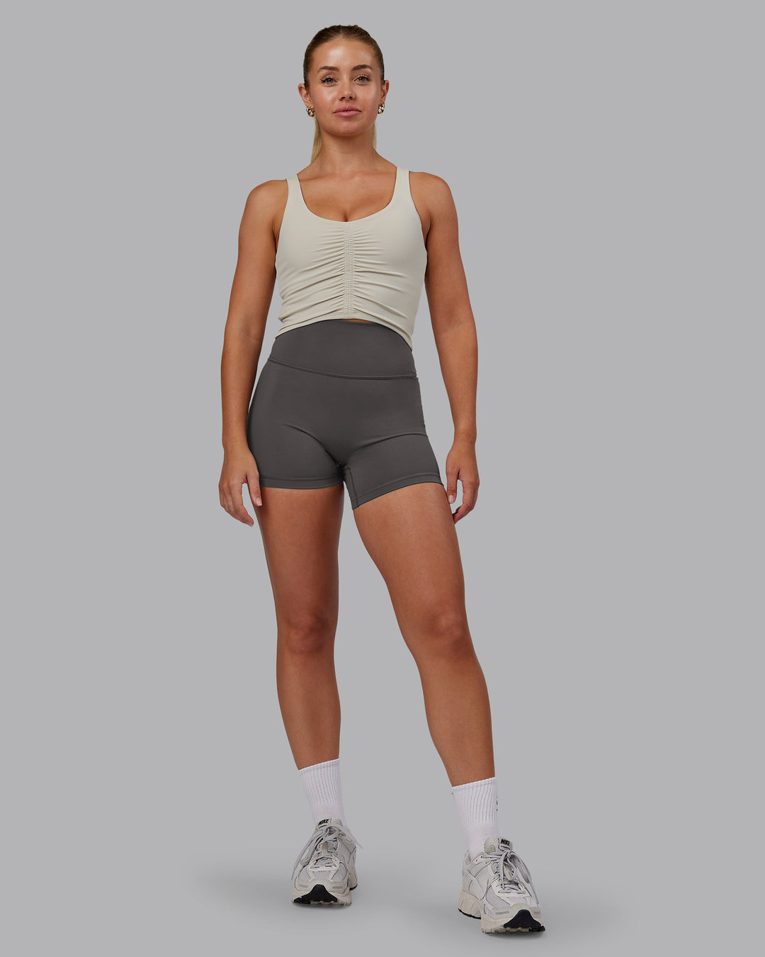 Woman wearing Liberty Ruched Tank - Shale Beige | Model:Hannah | Size:S - view 4