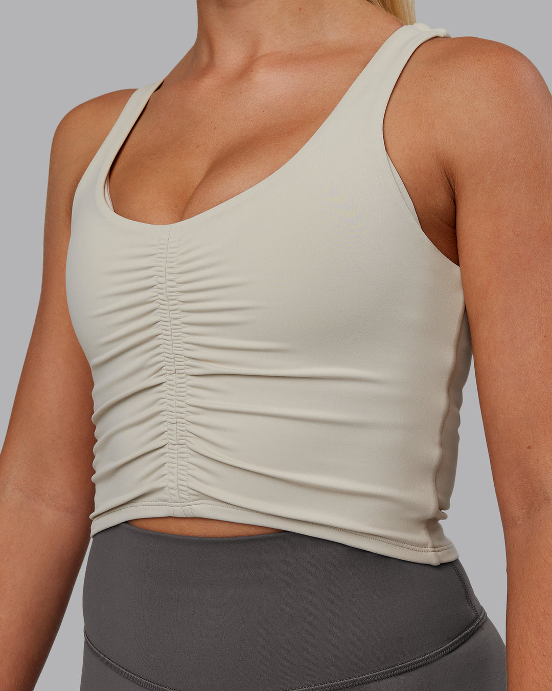 Woman wearing Liberty Ruched Tank - Shale Beige | Model:Hannah | Size:S - view 6