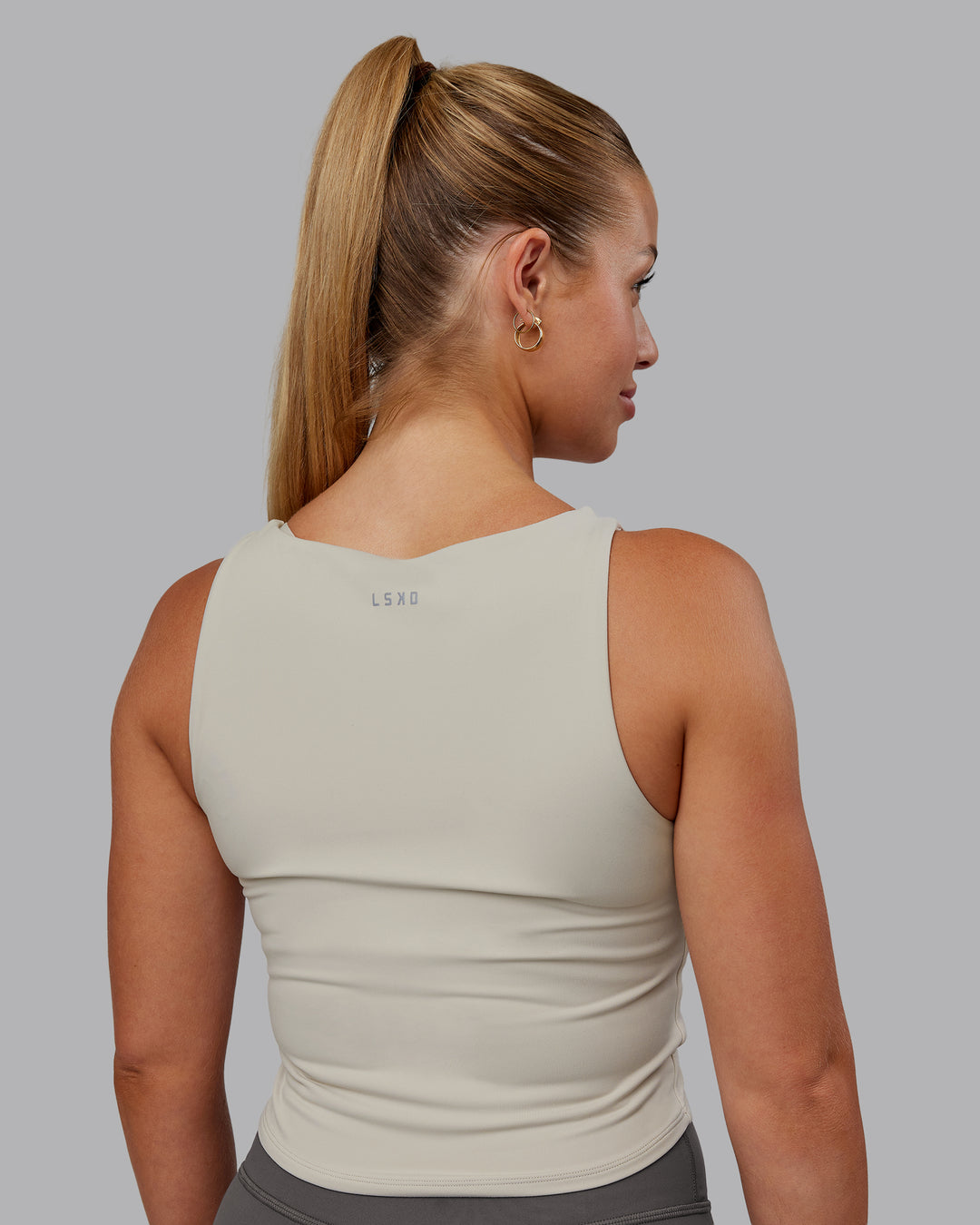 Woman wearing Liberty Ruched Tank - Shale Beige | Model:Hannah | Size:S - view 3