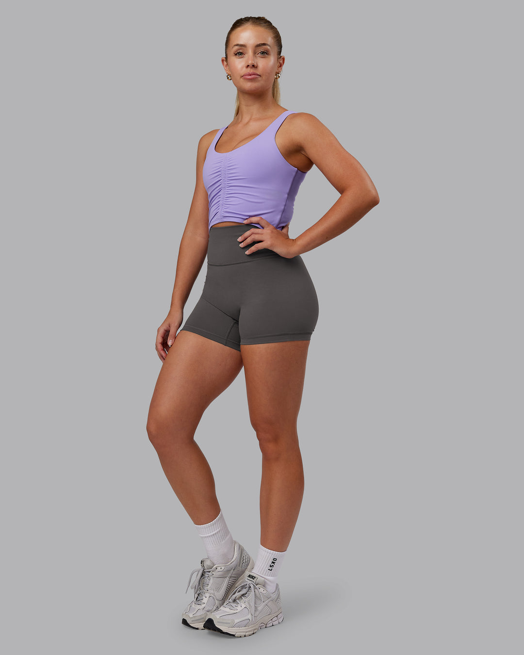 Woman wearing Liberty Ruched Tank - Violet Ray | Model:Hannah | Size:S - view 3