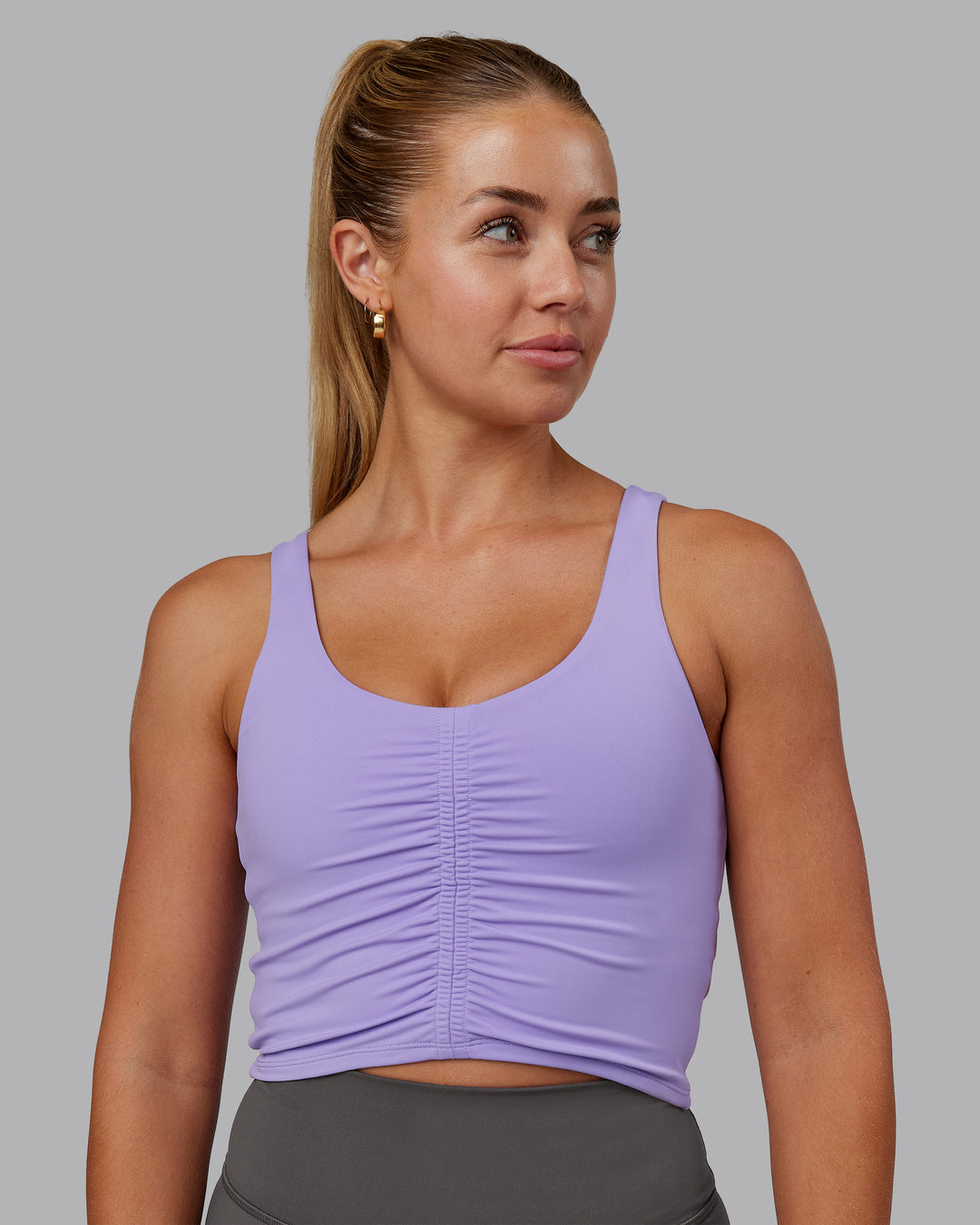 Woman wearing Liberty Ruched Tank - Violet Ray | Model:Hannah | Size:S - view 1