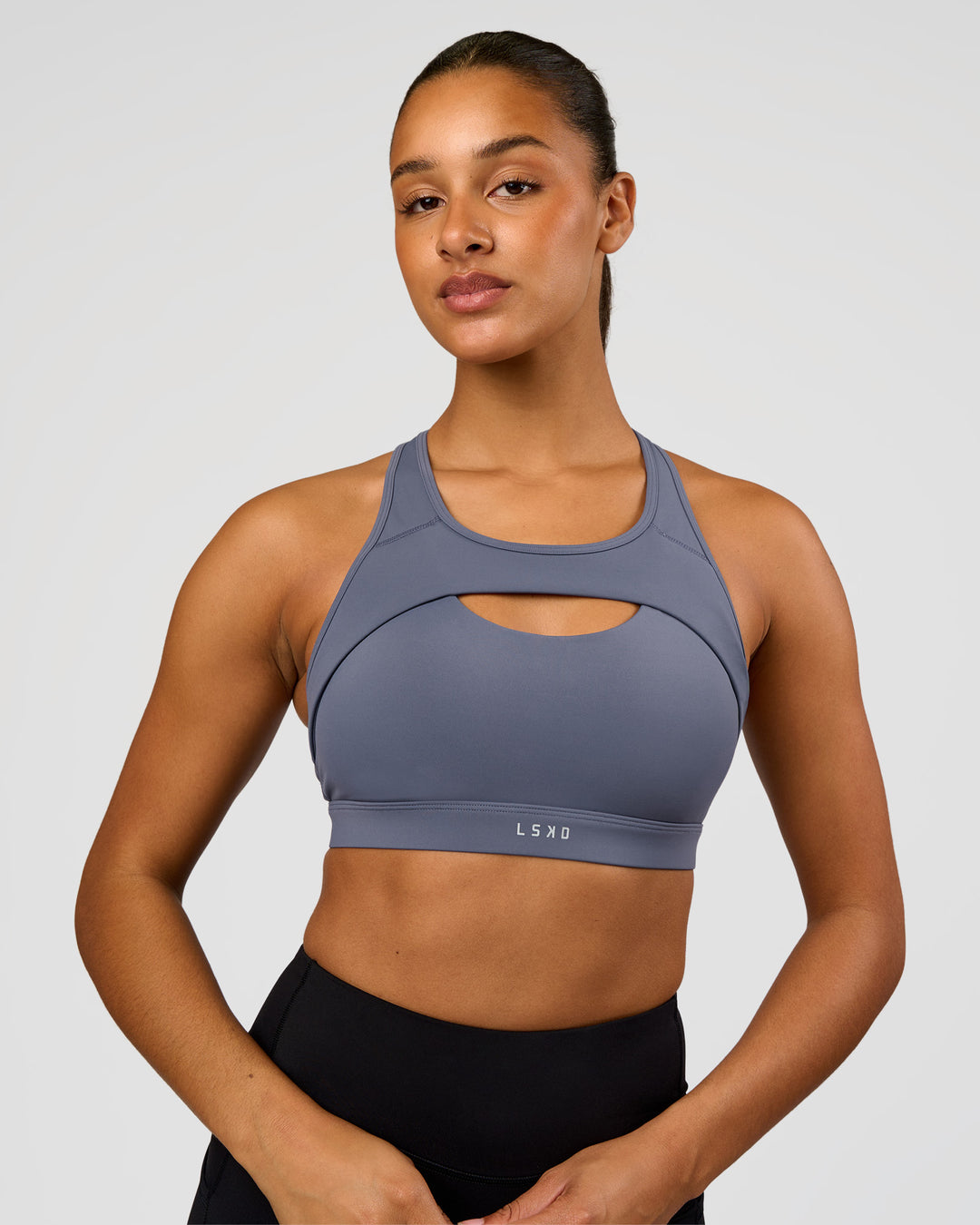 Woman wearing LimitLift Sports Bra - Night Shadow | Model:Rosie | Size:S - view 6