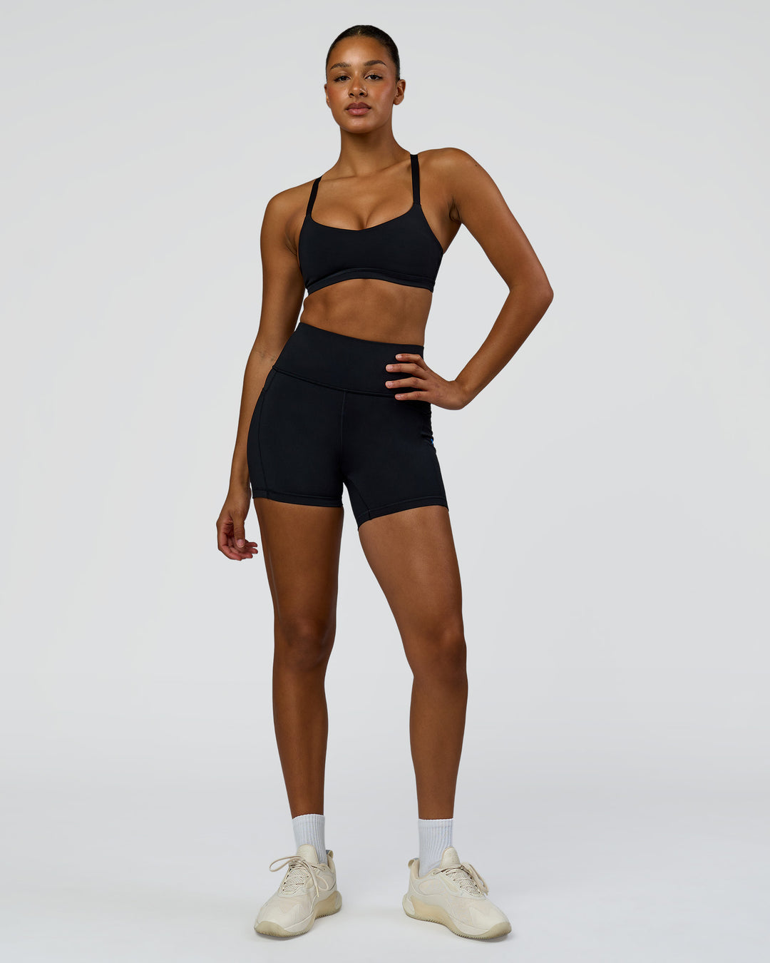 Woman wearing Luna Sports Bra - Black | Model:Rosie | Size:S - view 3