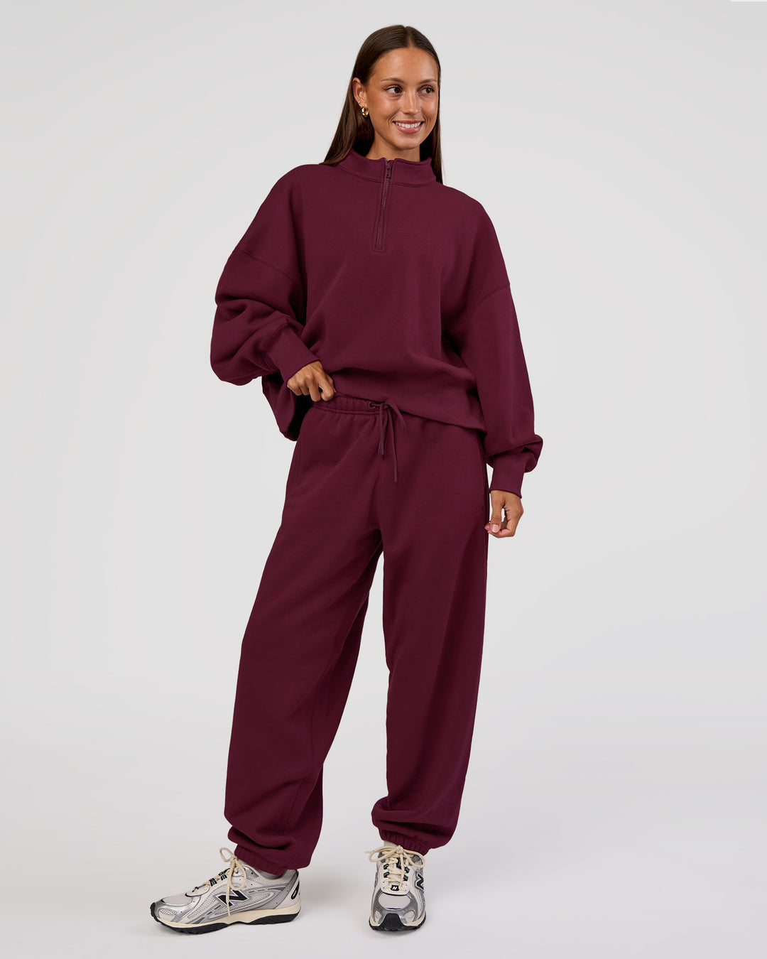 Woman wearing MVP 1/2 Zip Oversized Sweater - Cherry Lacquer | Model:Brylee | Size:S - view 5