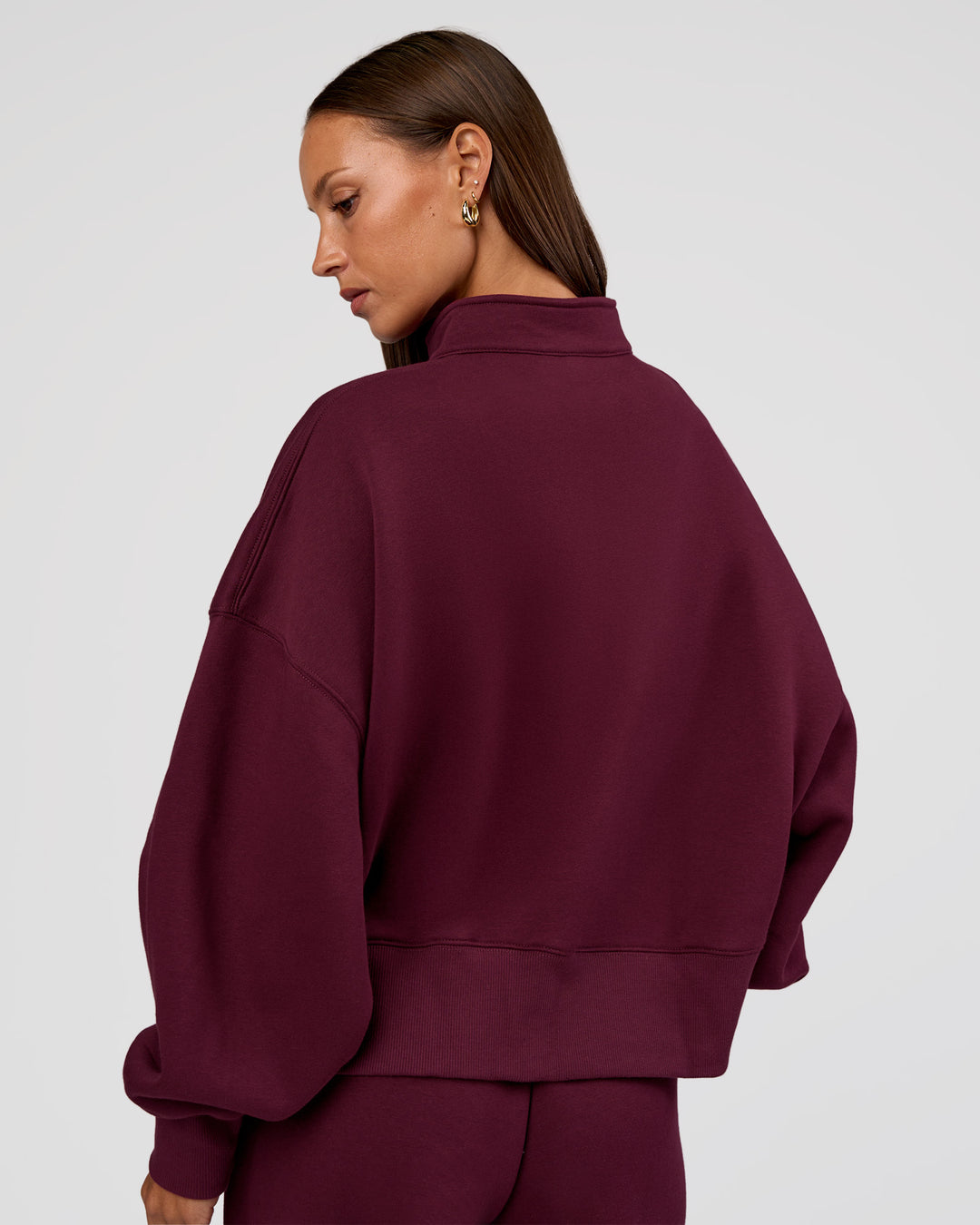 Woman wearing MVP 1/2 Zip Oversized Sweater - Cherry Lacquer | Model:Brylee | Size:S - view 4